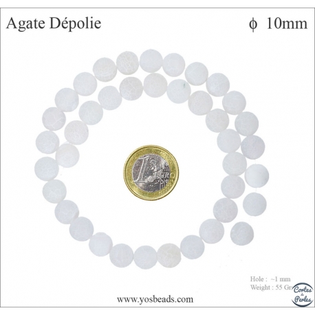 Perles dépolies en agate blanche - Rondes/10mm
