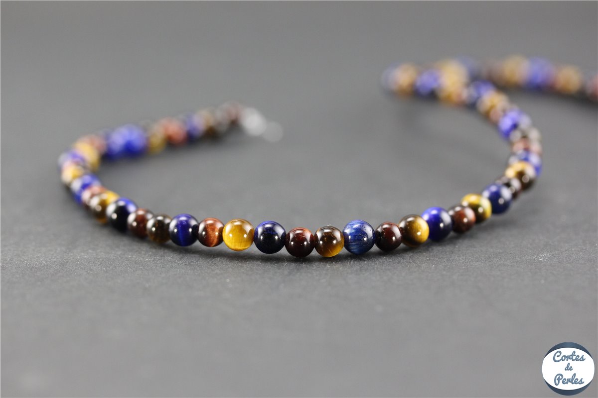 Collier Homme Oeil De Tigre - Perles 6/8/10mm - Longueur 47 à 58 Cm - Fermoir Mousqueton - Pierre Naturelle
