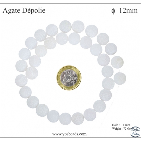Perles semi précieuses en agate dépolie - Ronde/12 mm - Blanc