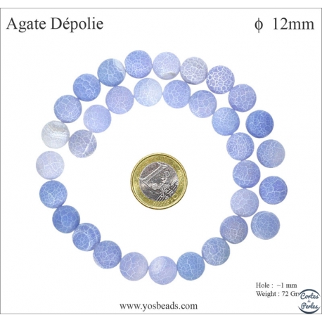 Perles semi précieuses en agate - Ronde/12 mm - Bleu lavande dépoli