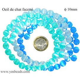 Perles Œil de Chat Facettées - Ronde/10 mm - Bleu